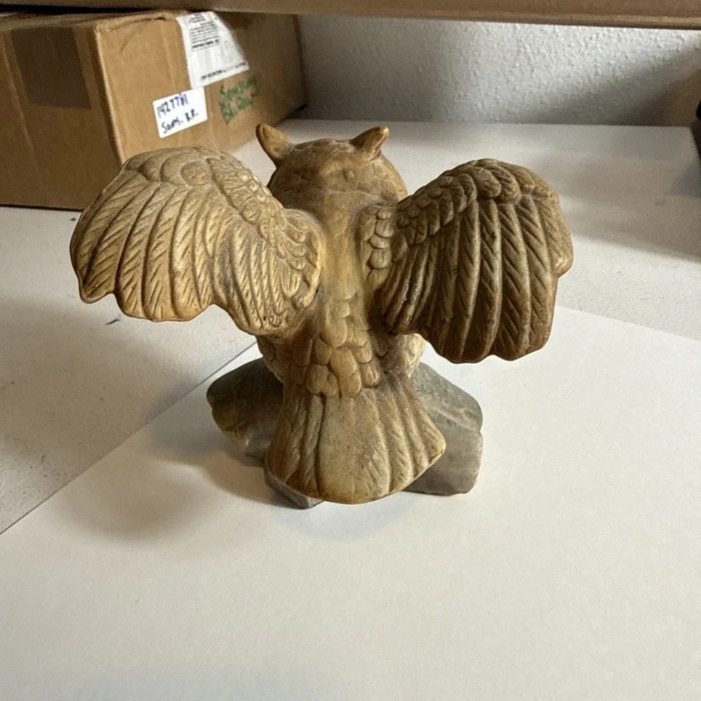 Vintage Owl w/ Spread Wings Perched on Log. 5 inches Tall Figurine